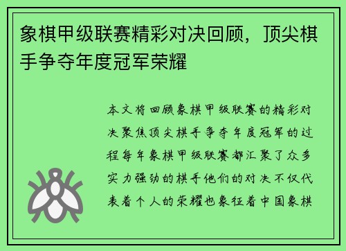 象棋甲级联赛精彩对决回顾，顶尖棋手争夺年度冠军荣耀