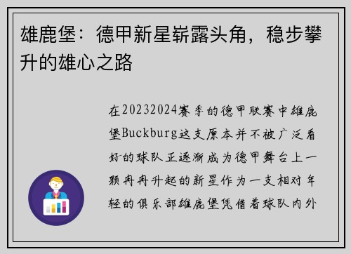 雄鹿堡：德甲新星崭露头角，稳步攀升的雄心之路